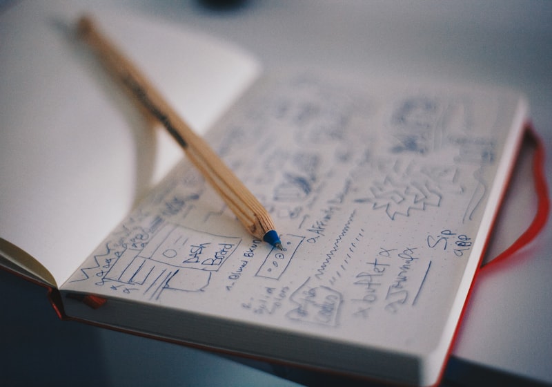 A notebook of hand-drawn ideas and sketches from a branding session.